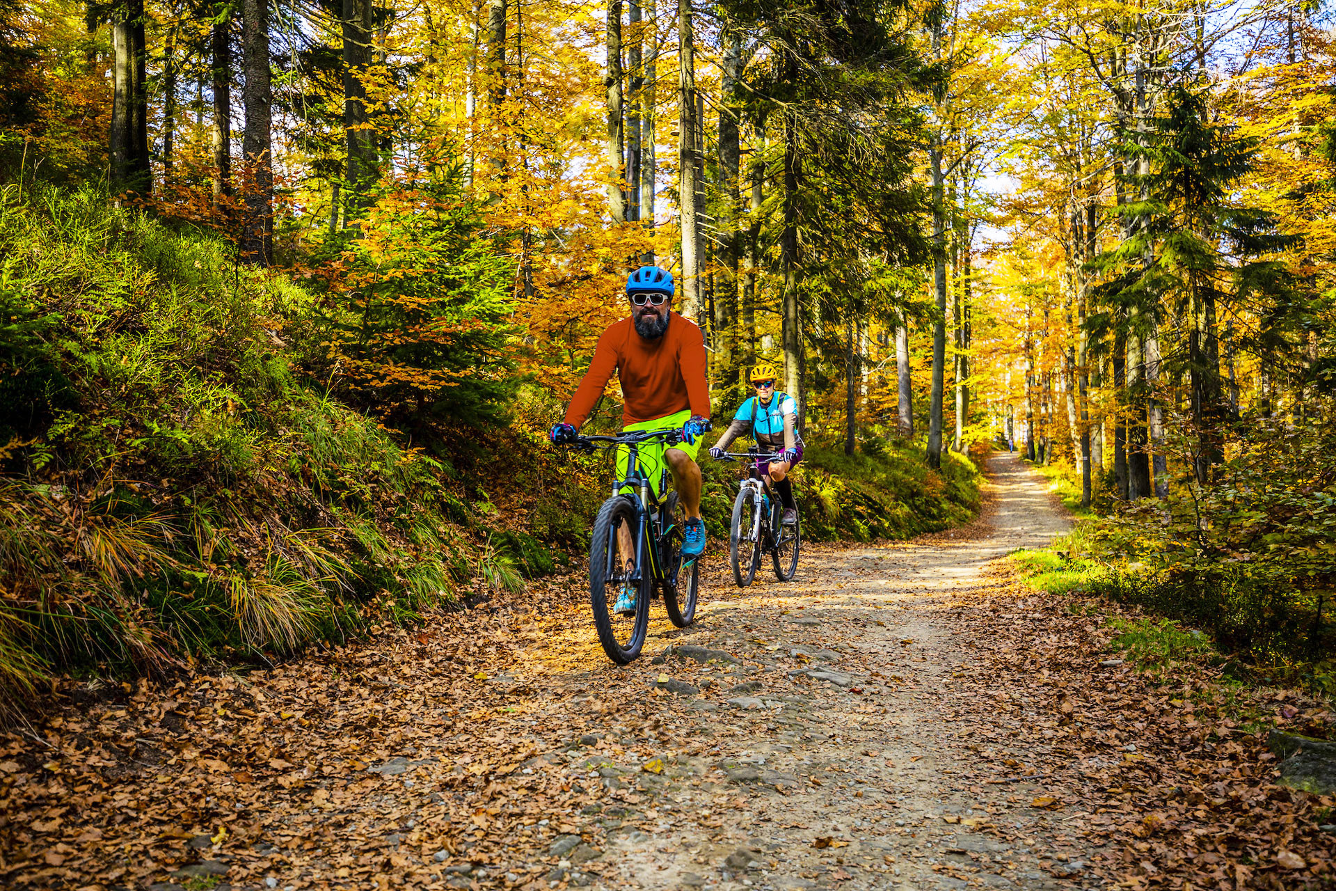 Cycling, mountain biker couple on cycle trail in autumn forest.